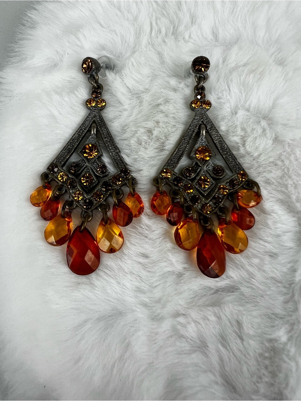 Vintage Inspired Amber Orange Chandelier Drop Earrings